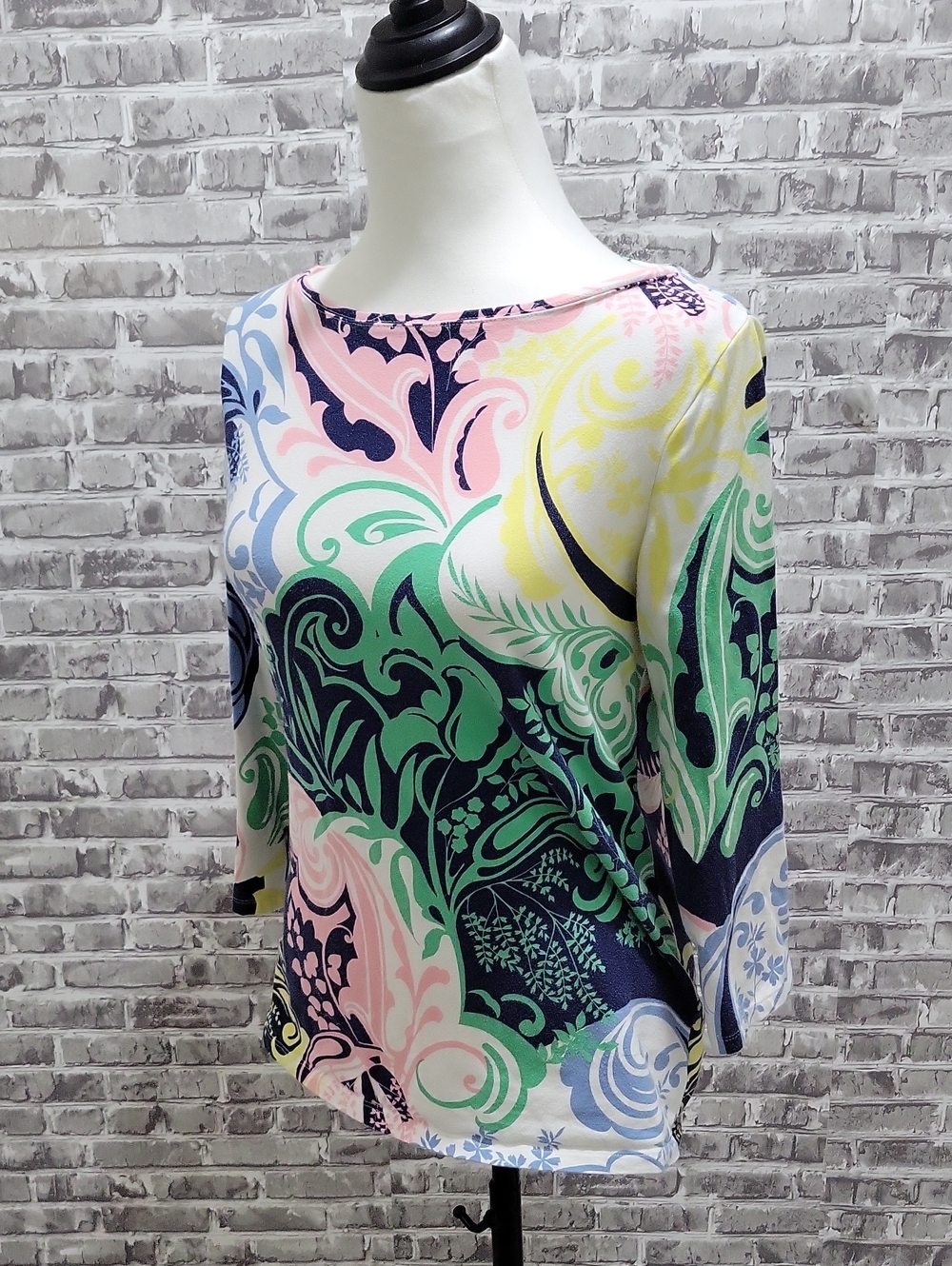 The Talbots Tee Floral Pastel Multi-Color Boatneck 3/4 Long Sleeve Top Sz S